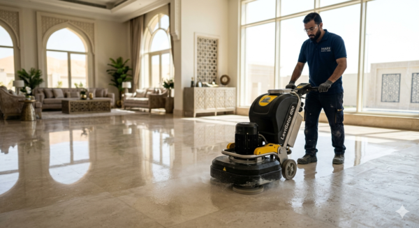 فني شركة منازلكم يقوم بعملية جلي رخام جدة في صالة فيلا واسعة باستخدام ماكينة متطورة.