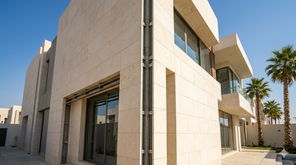 مقاول تركيب حجر جدة ينفذ واجهة حجر طبيعي ميكانيكي.